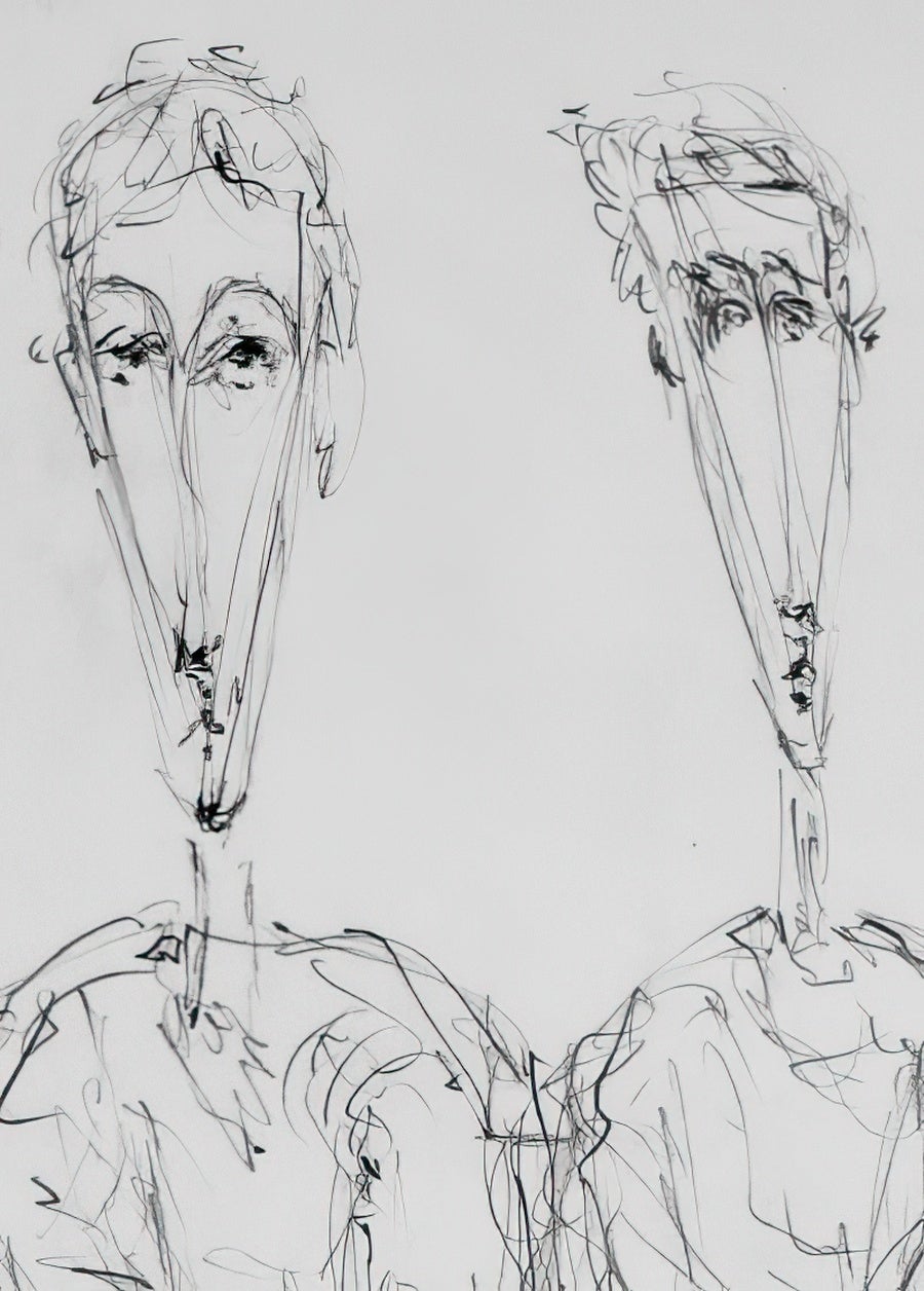 A pencil drawing of two people.