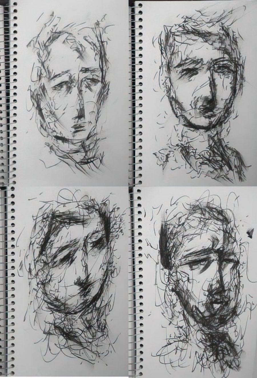 Ink on paper portraits.