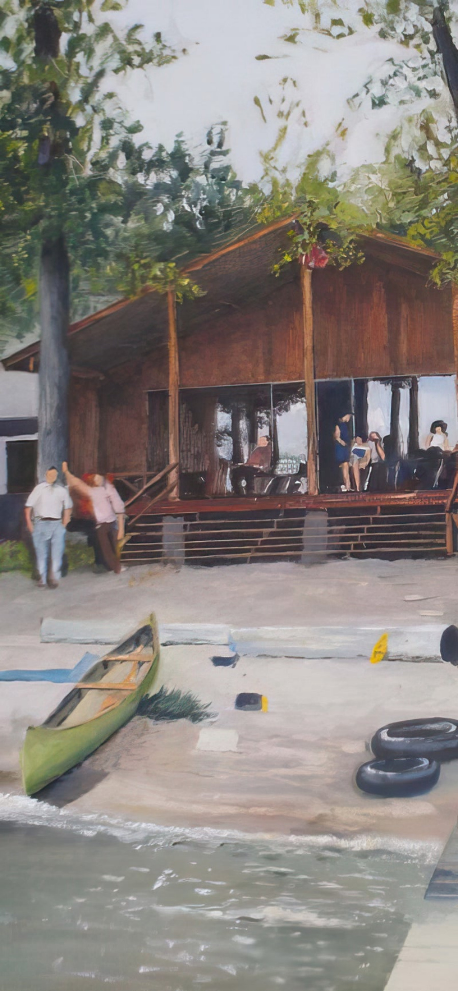 Oil painting of a lake cabin detail.
