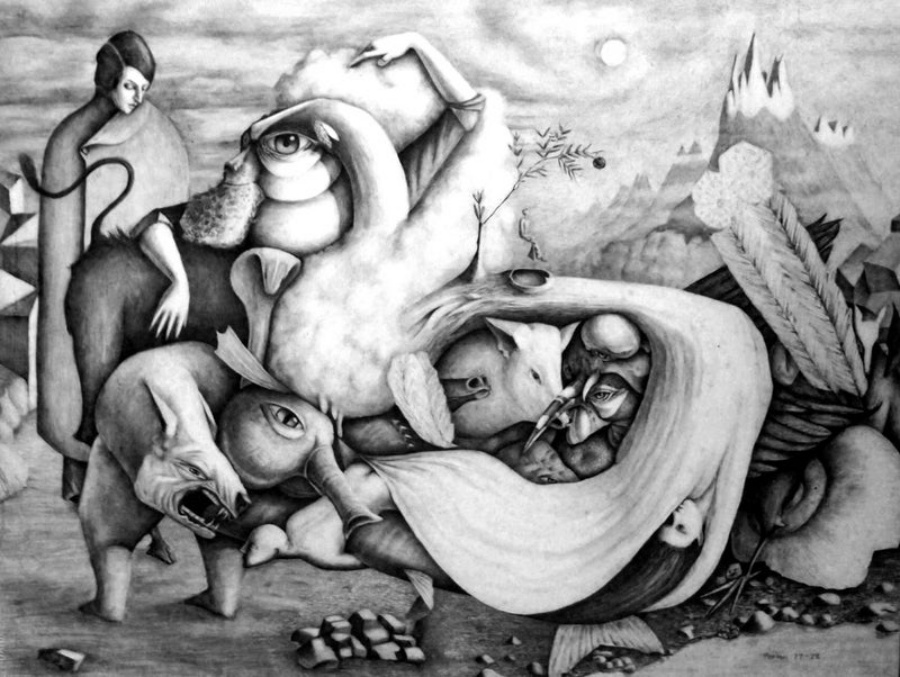 A surreal landscape drawing of the Pacific Northwest.