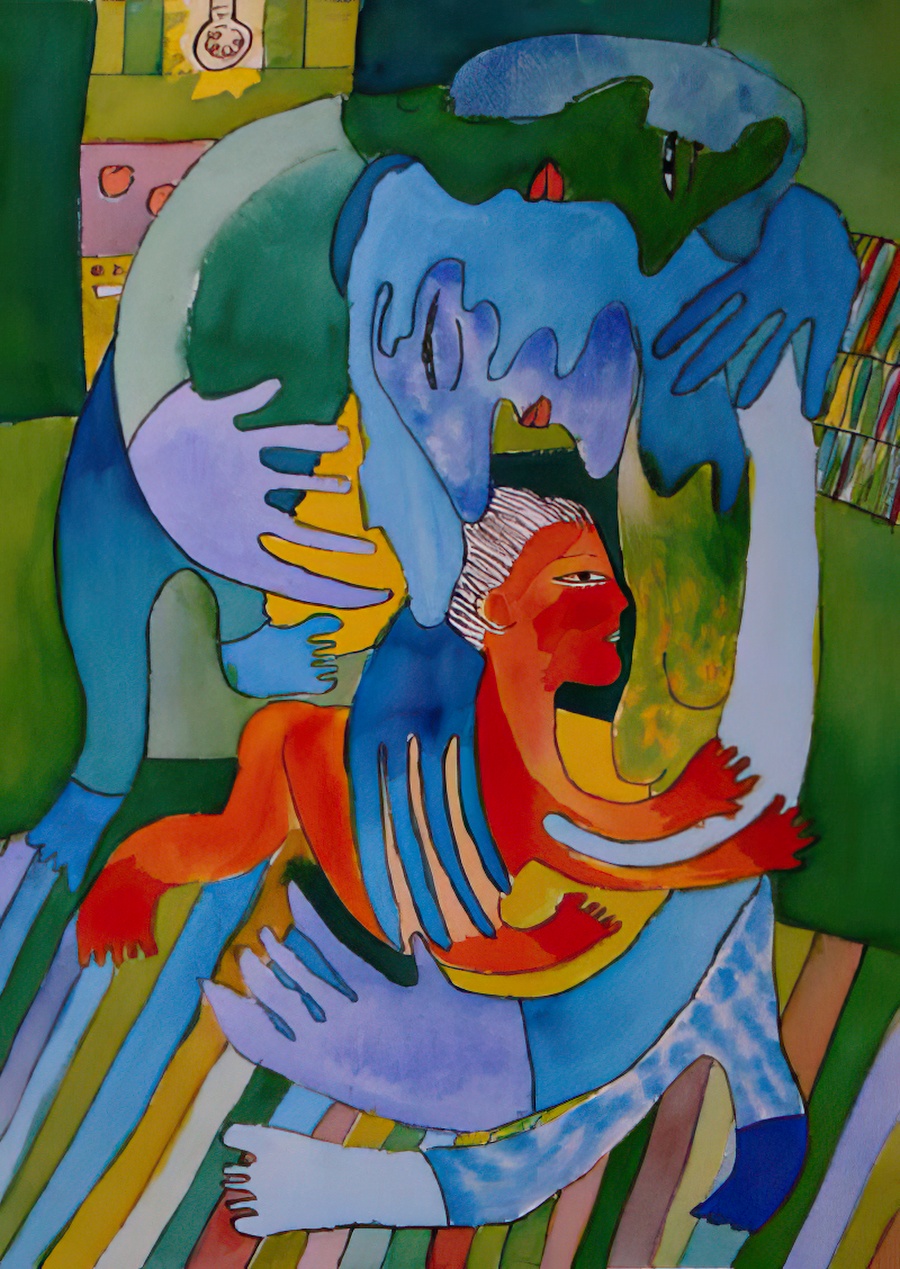 A gouache on paper painting of Valerie and I melting with fatigue holding Naomi.