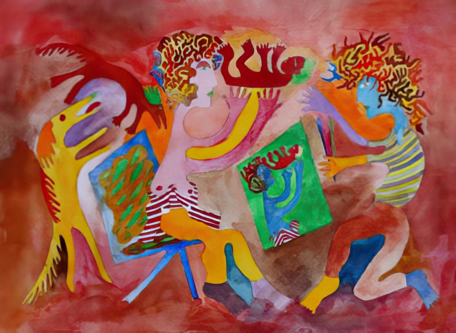 A gouache on paper painting of Valerie, Naomi and I with our dogs.