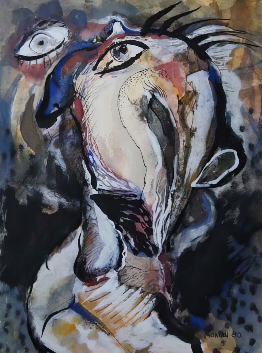 A gouache on paper painting of an emotionally destroyed person.