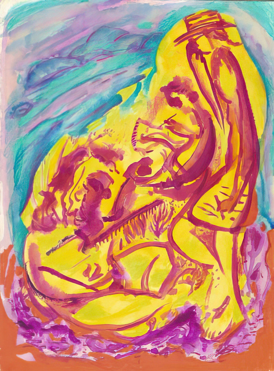 A watercolor of Greg, Bruce and Gael in a hot summer day on the island.
