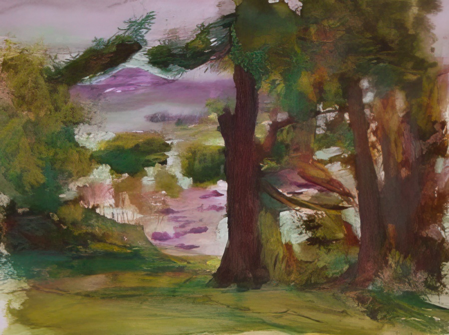 Painting of the front yard of the Sinclair Island house.
